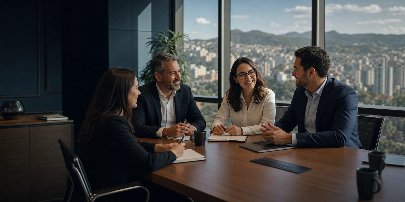Profissionais reunidos em um escritório com vista urbana de Belo Horizonte