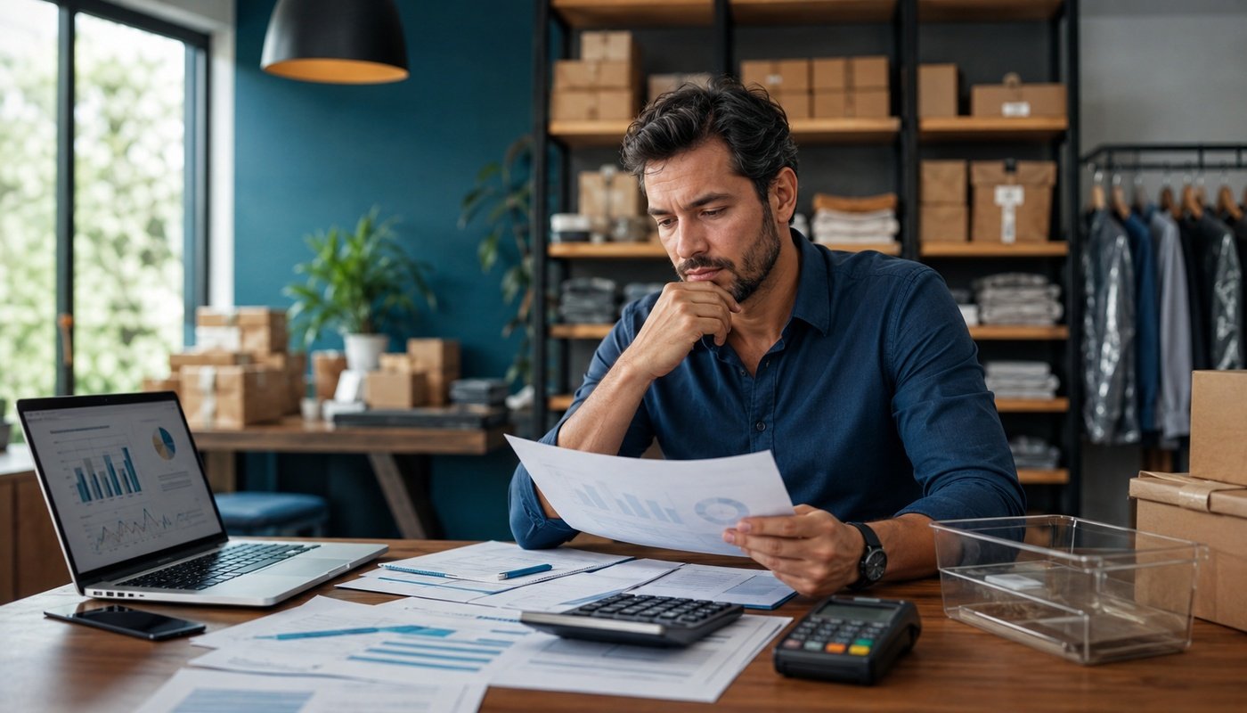 Empresário analisa relatórios financeiros diante de estoque e caixa disponível reduzido.
