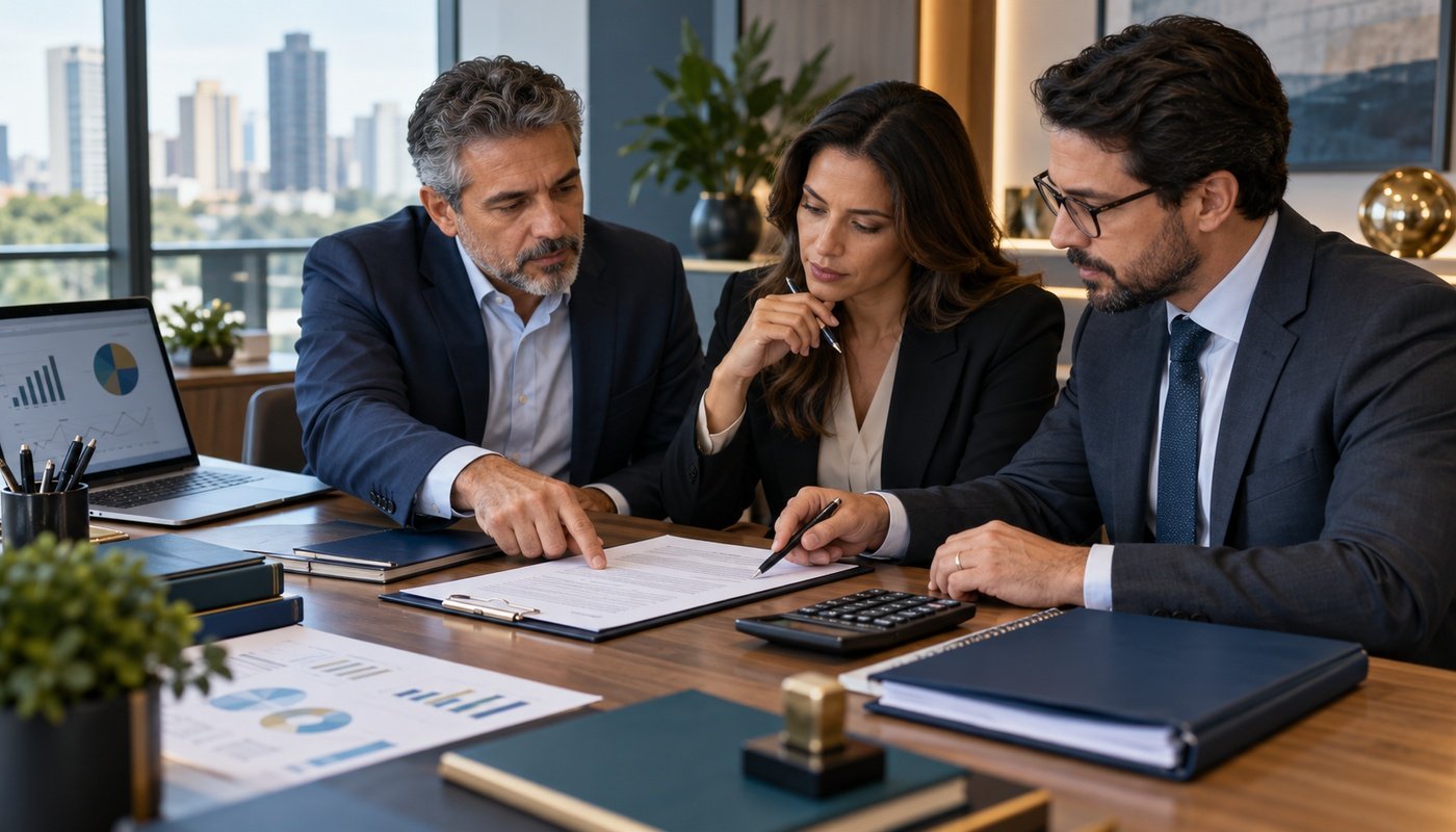 Empresários analisando contrato de serviços, custos e impactos tributários para 2027