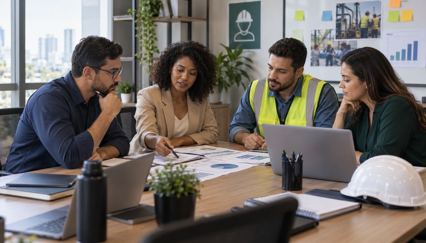 Equipe empresarial e profissional de segurança avaliando riscos e condições de trabalho.