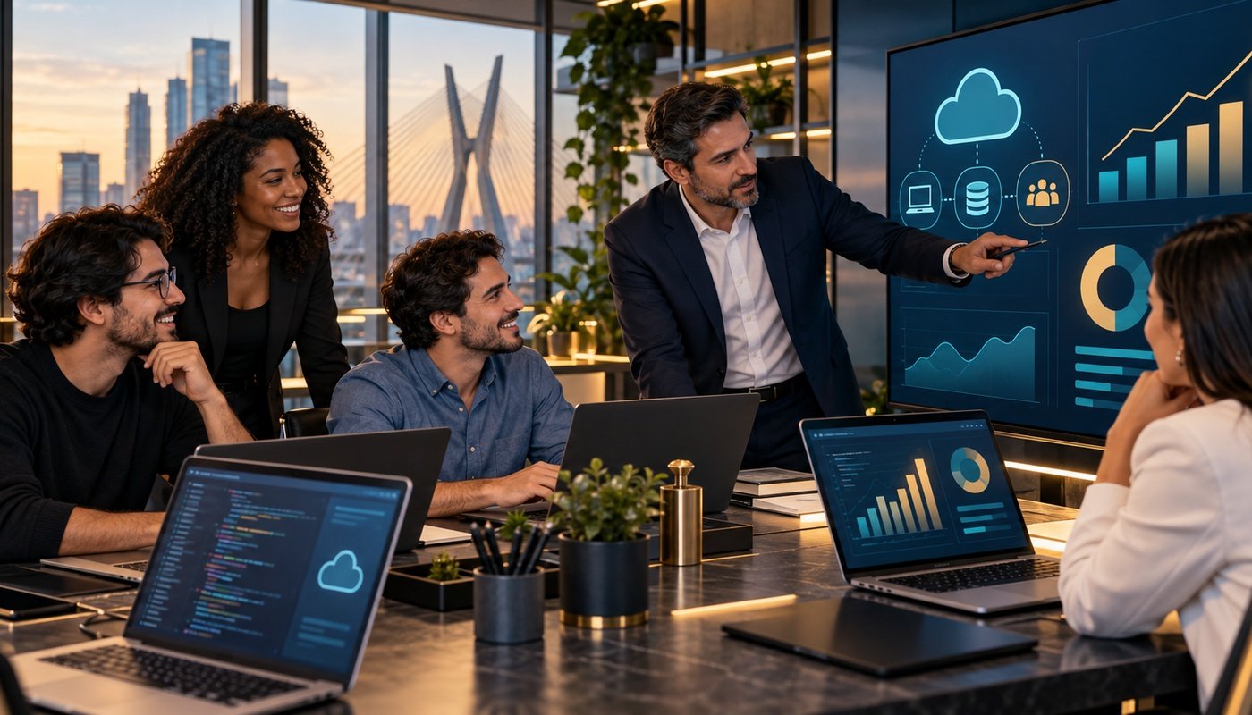 Profissionais de tecnologia e contabilidade analisando os impactos tributários em uma empresa de software.